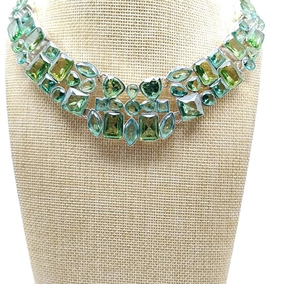 Statement Green Glass Stone Bib Necklace Silver Tone Chunky Collar Boho Jewelry - Picture 3 of 16